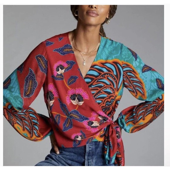 Anthropologie Tops - Anthropologie Conditions Apply Sleek Wrap Blouse Red Montif